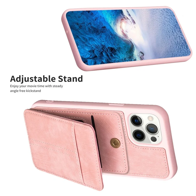 BF28 Kickstand Case for iPhone 15 Pro Max , Matte PU Leather Coated TPU Phone Back Protector Cover with Card Holder - Pink