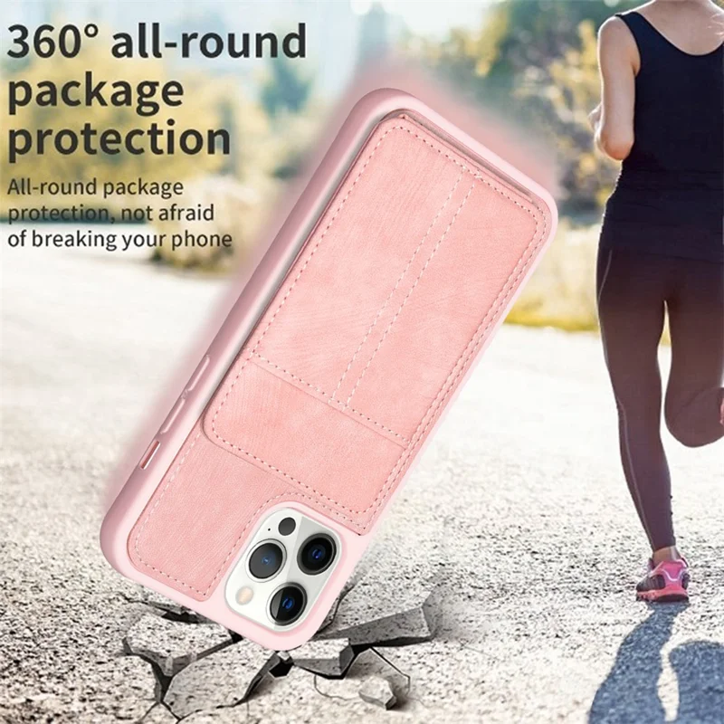 BF28 Kickstand Case for iPhone 15 Pro Max , Matte PU Leather Coated TPU Phone Back Protector Cover with Card Holder - Pink