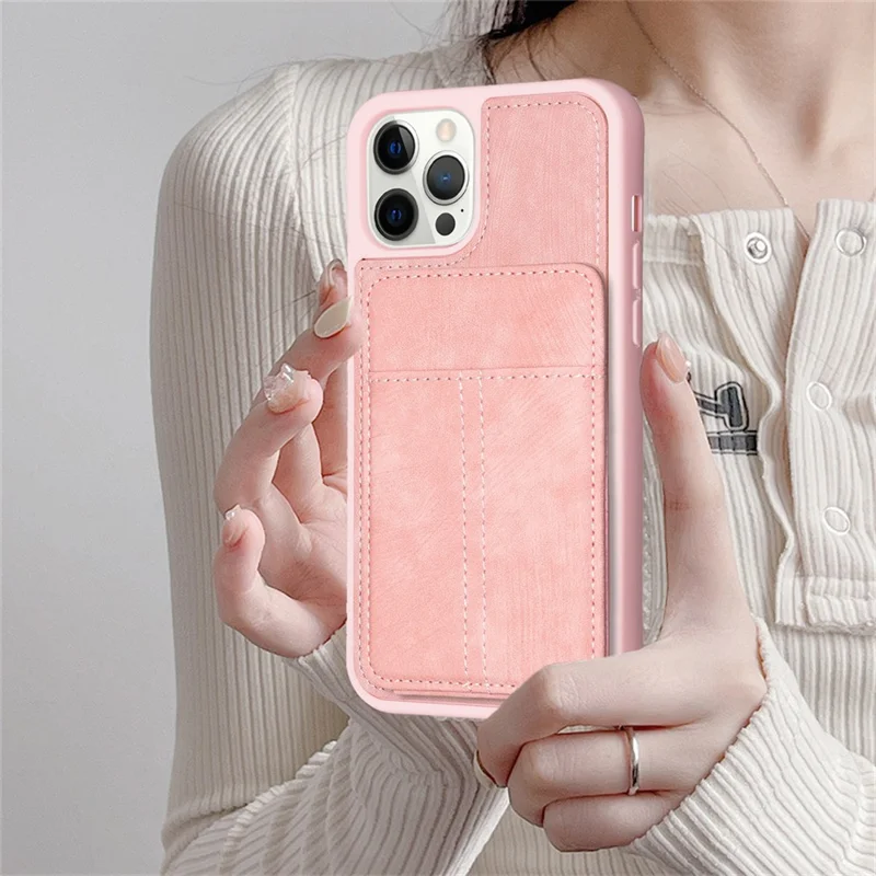 BF28 Kickstand Case for iPhone 15 Pro Max , Matte PU Leather Coated TPU Phone Back Protector Cover with Card Holder - Pink