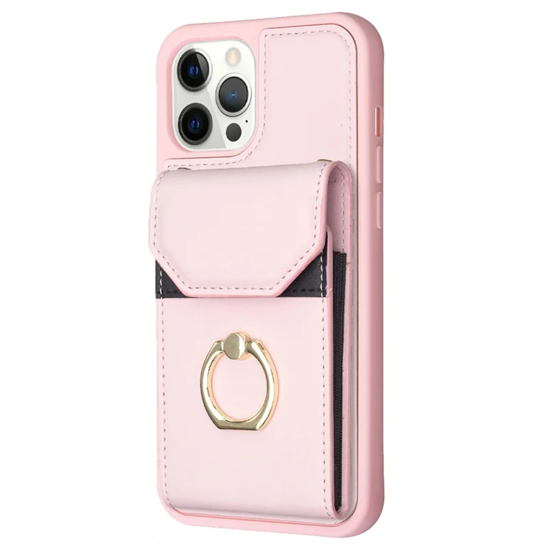 BF29 For iPhone 15 Pro Max Cell Phone Cover PU Leather+TPU Case Card Holder Pouch with Ring Kickstand - Pink