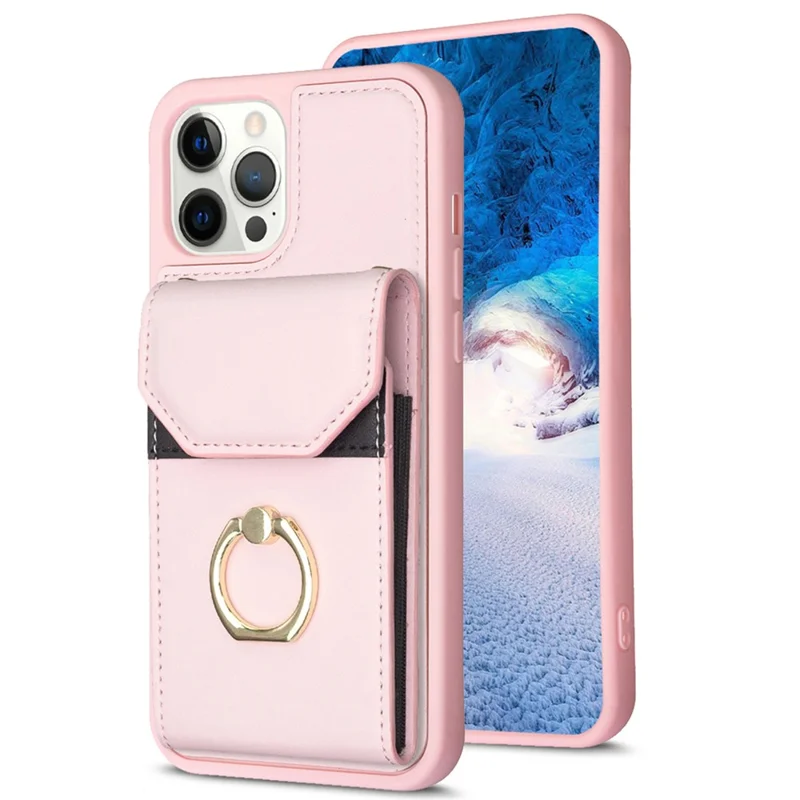BF29 For iPhone 15 Pro Max Cell Phone Cover PU Leather+TPU Case Card Holder Pouch with Ring Kickstand - Pink