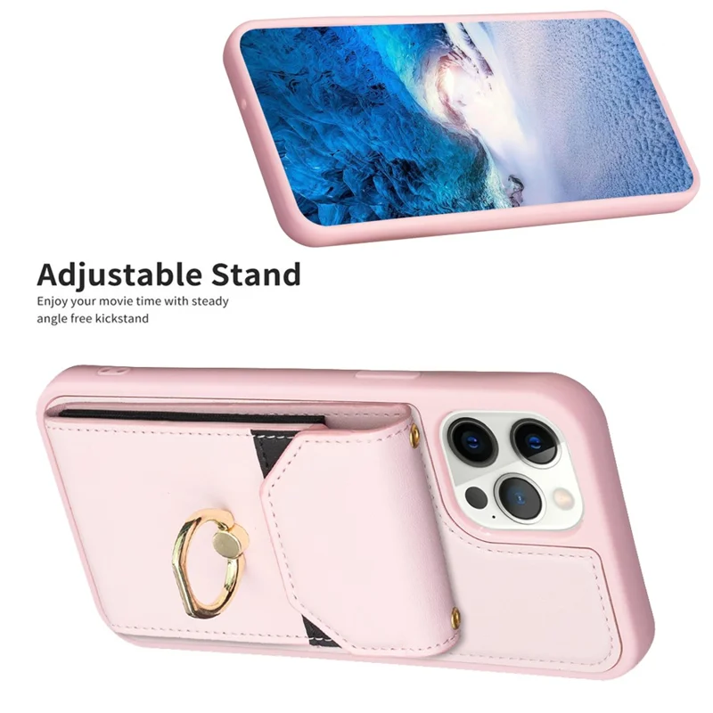 BF29 For iPhone 15 Pro Max Cell Phone Cover PU Leather+TPU Case Card Holder Pouch with Ring Kickstand - Pink