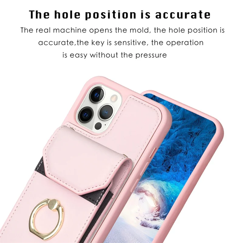BF29 For iPhone 15 Pro Max Cell Phone Cover PU Leather+TPU Case Card Holder Pouch with Ring Kickstand - Pink