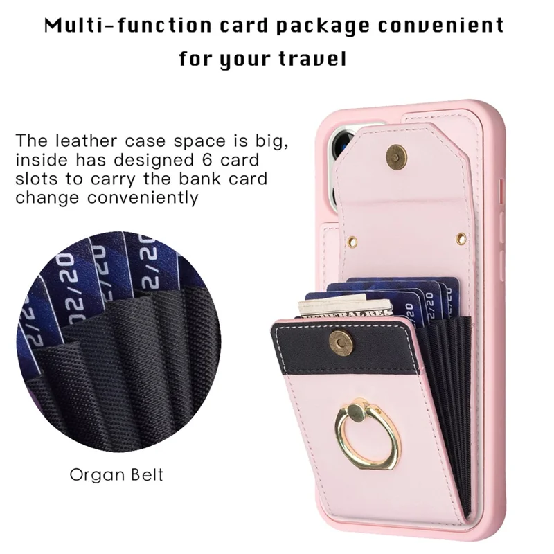 BF29 For iPhone 15 Pro Max Cell Phone Cover PU Leather+TPU Case Card Holder Pouch with Ring Kickstand - Pink