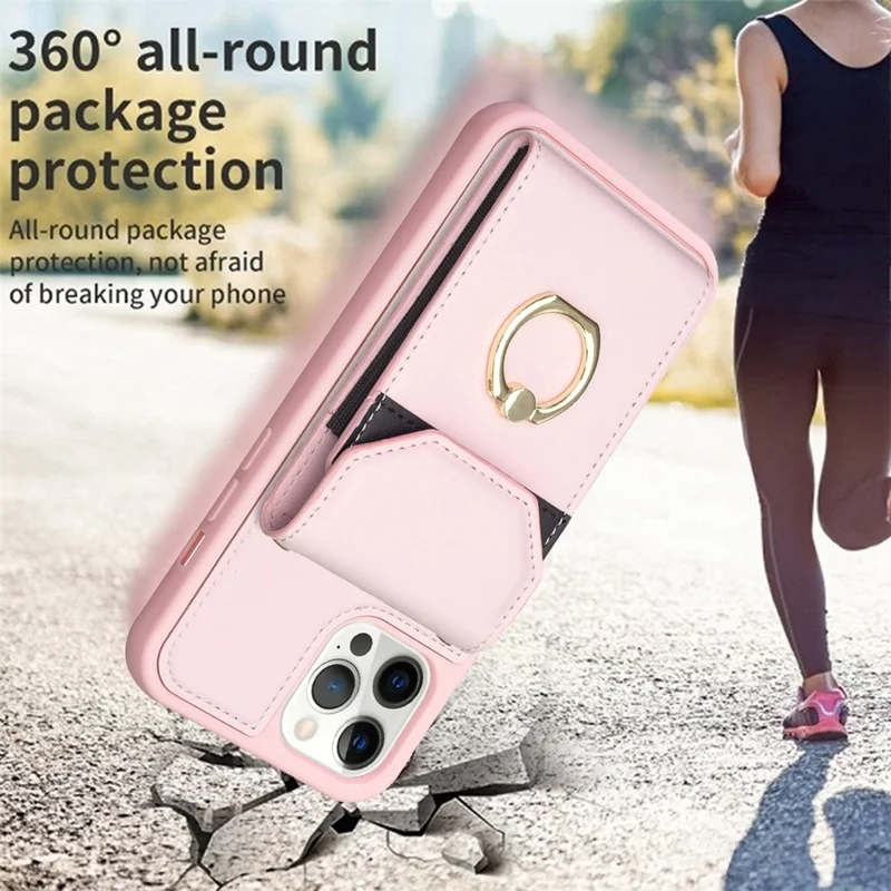 BF29 For iPhone 15 Pro Max Cell Phone Cover PU Leather+TPU Case Card Holder Pouch with Ring Kickstand - Pink