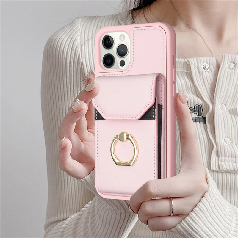 BF29 For iPhone 15 Pro Max Cell Phone Cover PU Leather+TPU Case Card Holder Pouch with Ring Kickstand - Pink