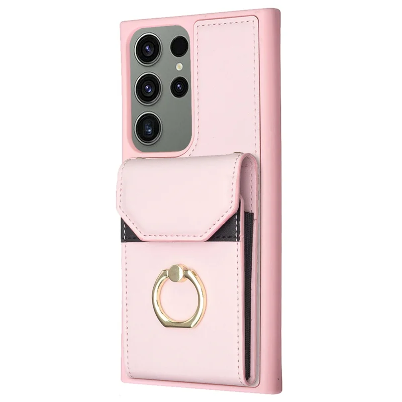 BF29 Phone Case Shell For Samsung Galaxy S23 Ultra , Card Holder Ring Kickstand PU Leather+TPU Cover - Pink
