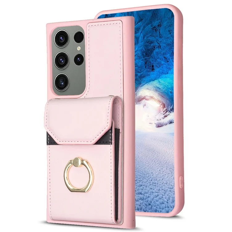 BF29 Phone Case Shell For Samsung Galaxy S23 Ultra , Card Holder Ring Kickstand PU Leather+TPU Cover - Pink