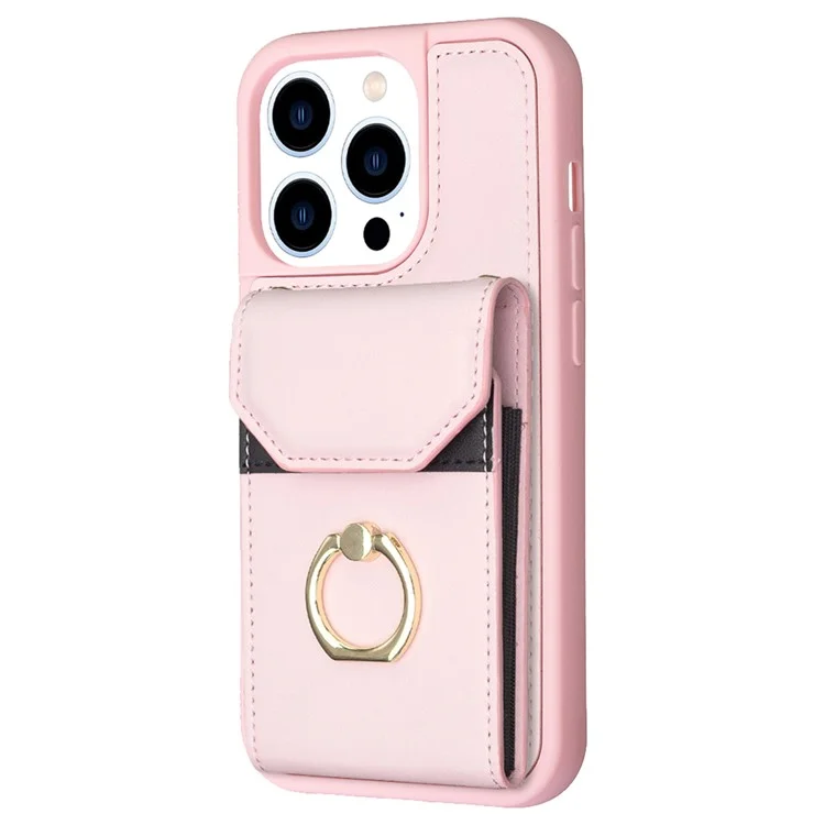 BF29 Pour iPhone 15 Pro Porte-cartes Housse de téléphone en cuir PU + TPU Housse de téléphone avec support de bague - Rose