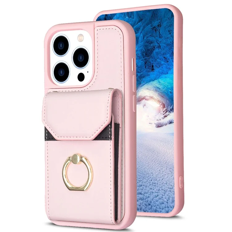 BF29 Pour iPhone 15 Pro Porte-cartes Housse de téléphone en cuir PU + TPU Housse de téléphone avec support de bague - Rose