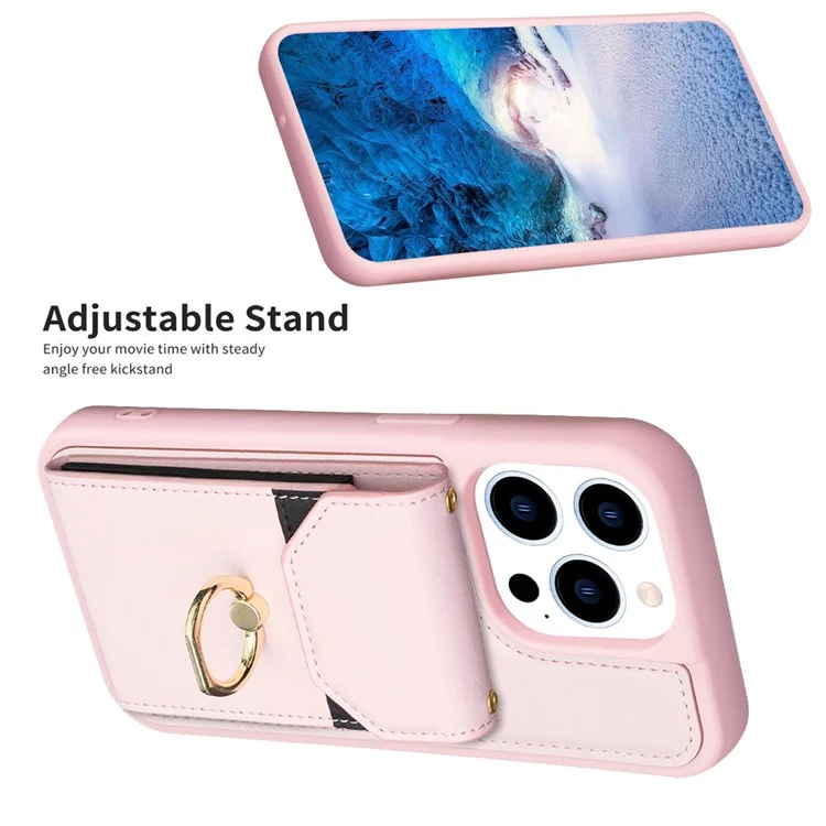 BF29 Pour iPhone 15 Pro Porte-cartes Housse de téléphone en cuir PU + TPU Housse de téléphone avec support de bague - Rose