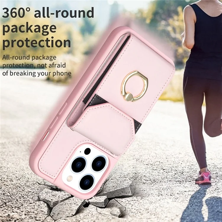 BF29 Pour iPhone 15 Pro Porte-cartes Housse de téléphone en cuir PU + TPU Housse de téléphone avec support de bague - Rose