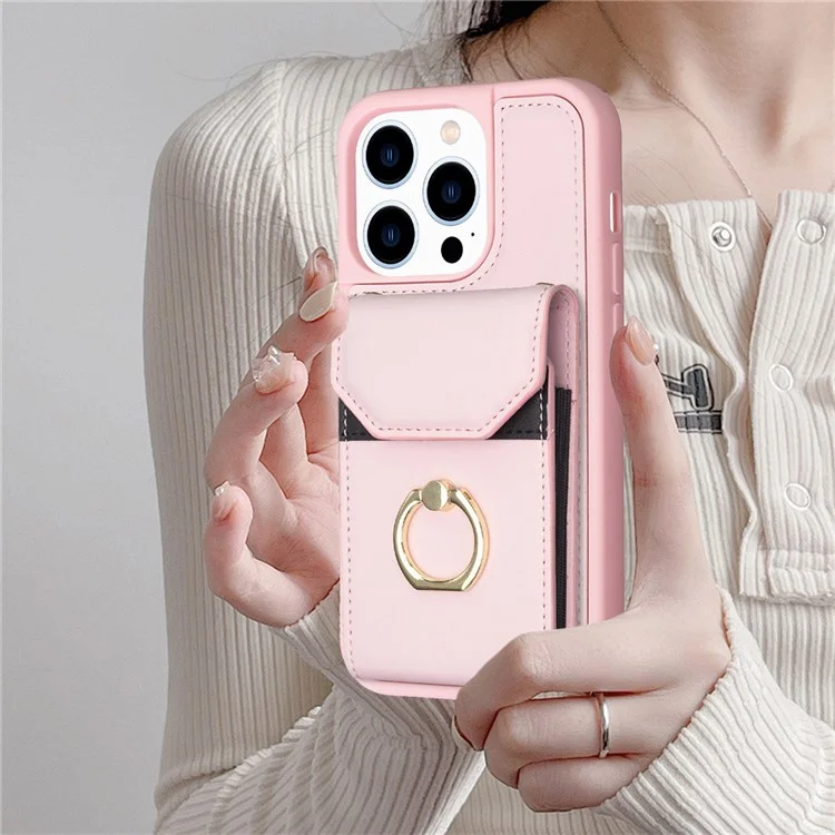 BF29 Pour iPhone 15 Pro Porte-cartes Housse de téléphone en cuir PU + TPU Housse de téléphone avec support de bague - Rose