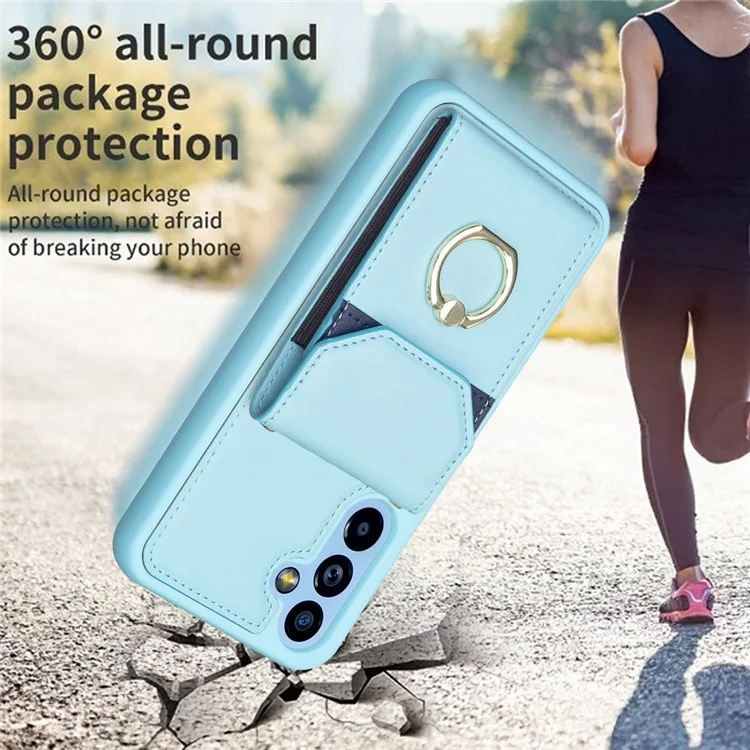 BF29 For Samsung Galaxy A14 5G / 4G Smartphone Case Card Holder Ring Kickstand PU Leather+TPU Cover - Blue