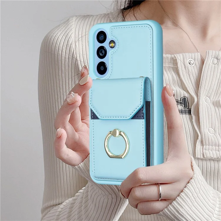 BF29 For Samsung Galaxy A14 5G / 4G Smartphone Case Card Holder Ring Kickstand PU Leather+TPU Cover - Blue