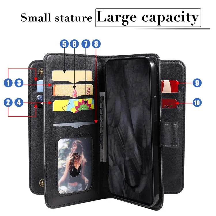 For Google Pixel 8 Pro Leather Case with 10 Card Holder Phone Cover Stand - Black