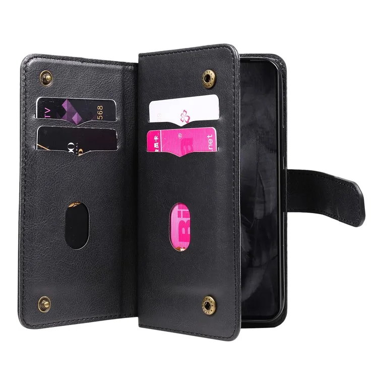 For Google Pixel 8 Pro Leather Case with 10 Card Holder Phone Cover Stand - Black