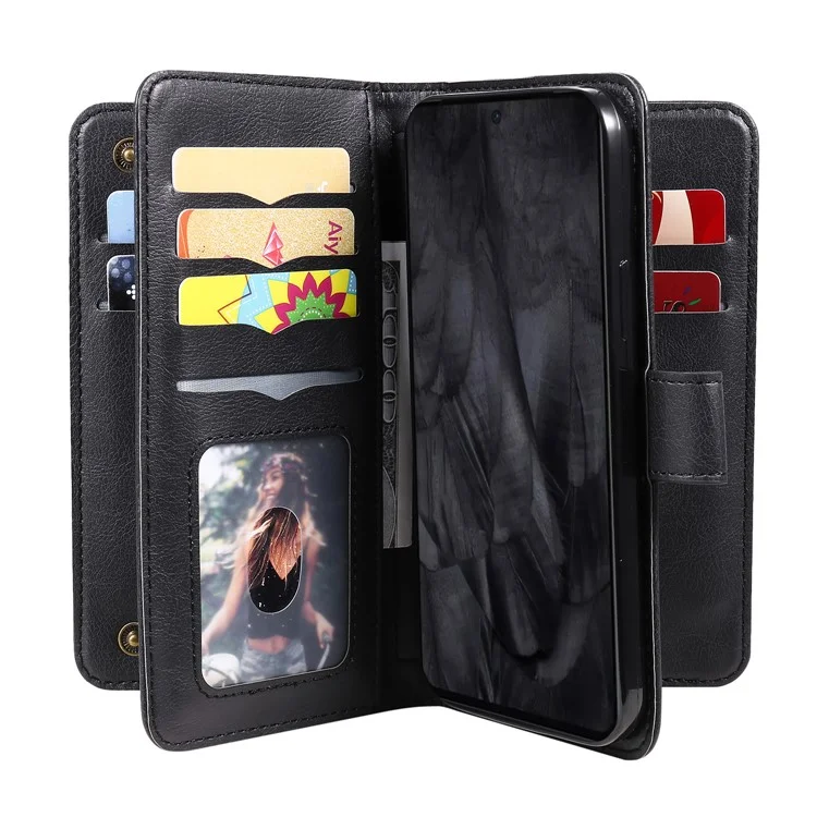 For Google Pixel 8 Pro Leather Case with 10 Card Holder Phone Cover Stand - Black