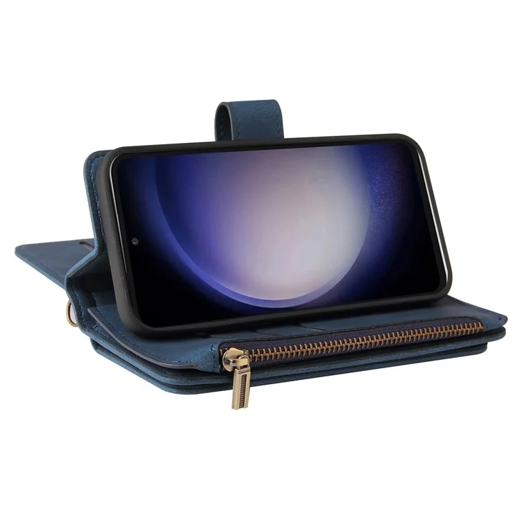KT Multi-Functional Series-2 Für Samsung Galaxy S23 FE PU Leder Cover Reißverschluss Geldbörse Ständer Mehrere Kartenfächer Hülle - Blau
