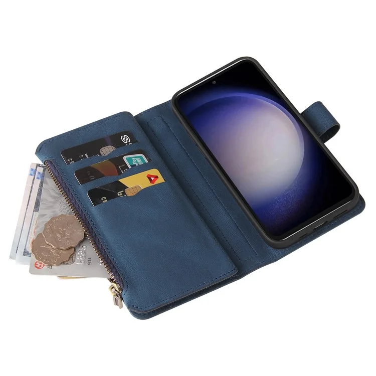 KT Multi-Functional Series-2 Für Samsung Galaxy S23 FE PU Leder Cover Reißverschluss Geldbörse Ständer Mehrere Kartenfächer Hülle - Blau