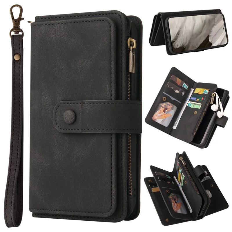 For Google Pixel 8 Zipper Wallet Case with 15 Card Slots and Strap Leather Phone Cover - Black