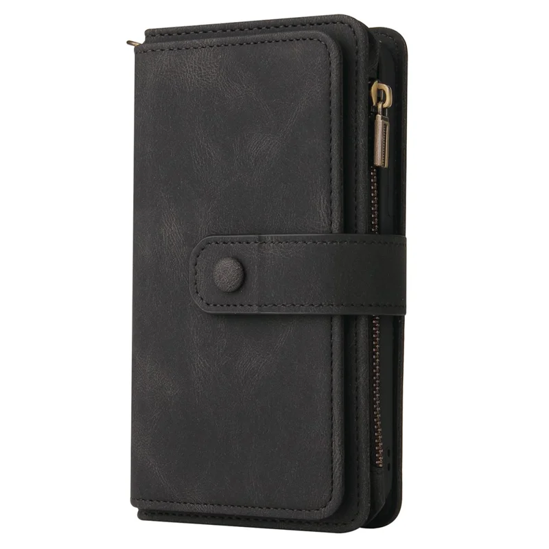 For Google Pixel 8 Zipper Wallet Case with 15 Card Slots and Strap Leather Phone Cover - Black