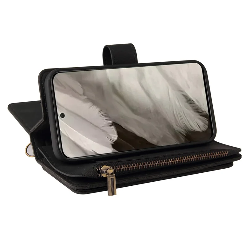 For Google Pixel 8 Zipper Wallet Case with 15 Card Slots and Strap Leather Phone Cover - Black