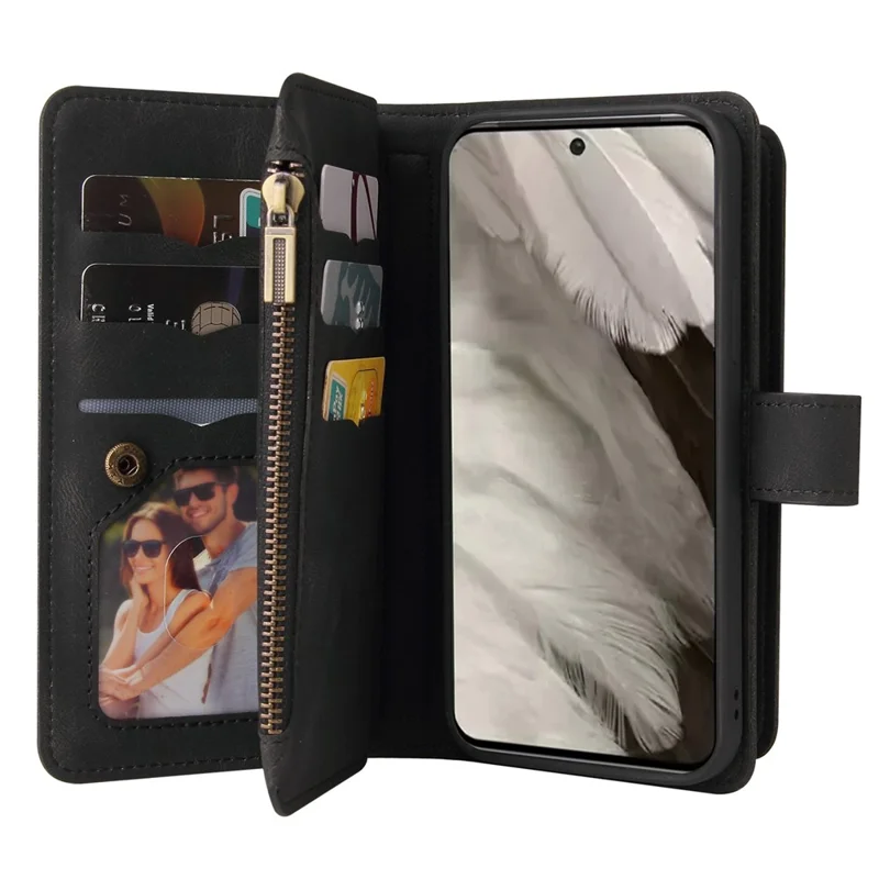For Google Pixel 8 Zipper Wallet Case with 15 Card Slots and Strap Leather Phone Cover - Black