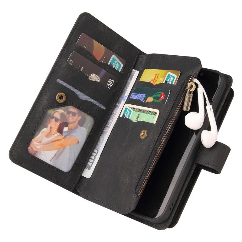 For Google Pixel 8 Zipper Wallet Case with 15 Card Slots and Strap Leather Phone Cover - Black