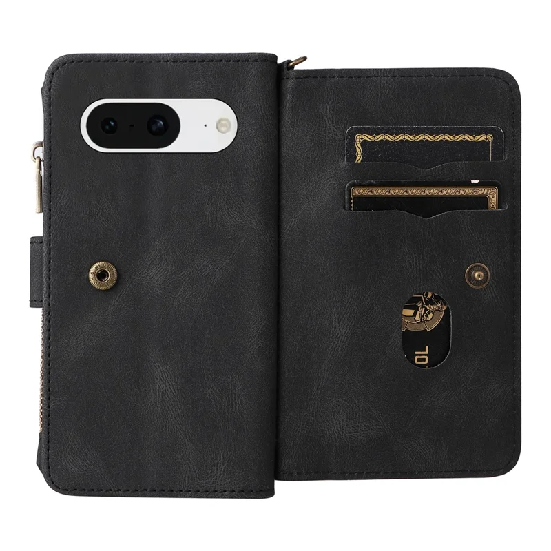 For Google Pixel 8 Zipper Wallet Case with 15 Card Slots and Strap Leather Phone Cover - Black