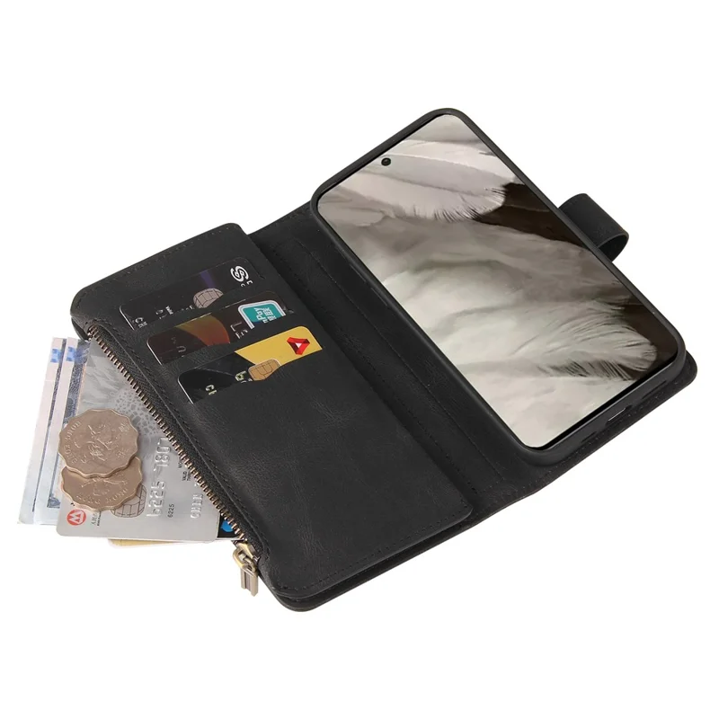 For Google Pixel 8 Zipper Wallet Case with 15 Card Slots and Strap Leather Phone Cover - Black