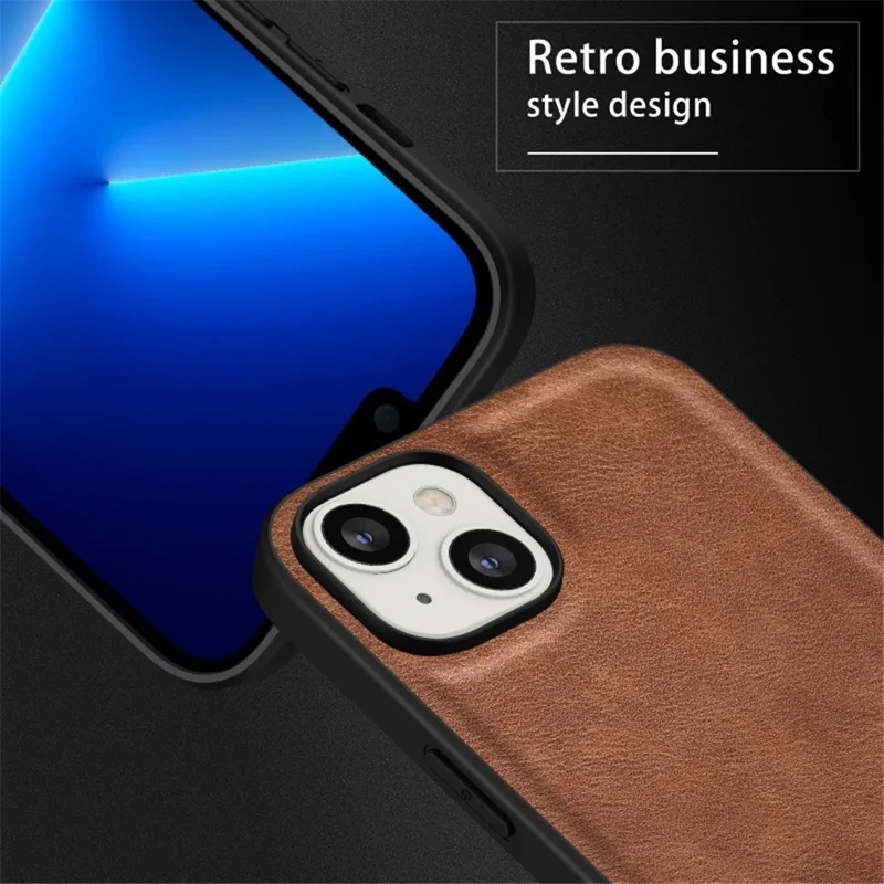 Для iPhone 15 Plus PU Leather Coated TPU+PC Cover Retro Anti-scratch Phone Case - Brown