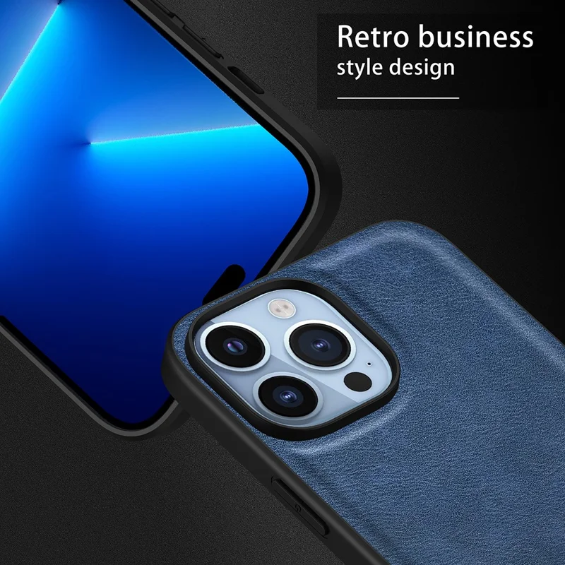 Para iPhone 15 Pro Capa de Telefone a Prova de Quedas Retrô Revestida em Couro PU TPU+PC Back Cover - Azul