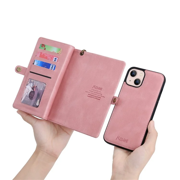 MEGSHI 017 Series For iPhone 15 Plus Zipper Wallet PU Leather Case Magnetic Detachable Phone Cover - Rose Gold