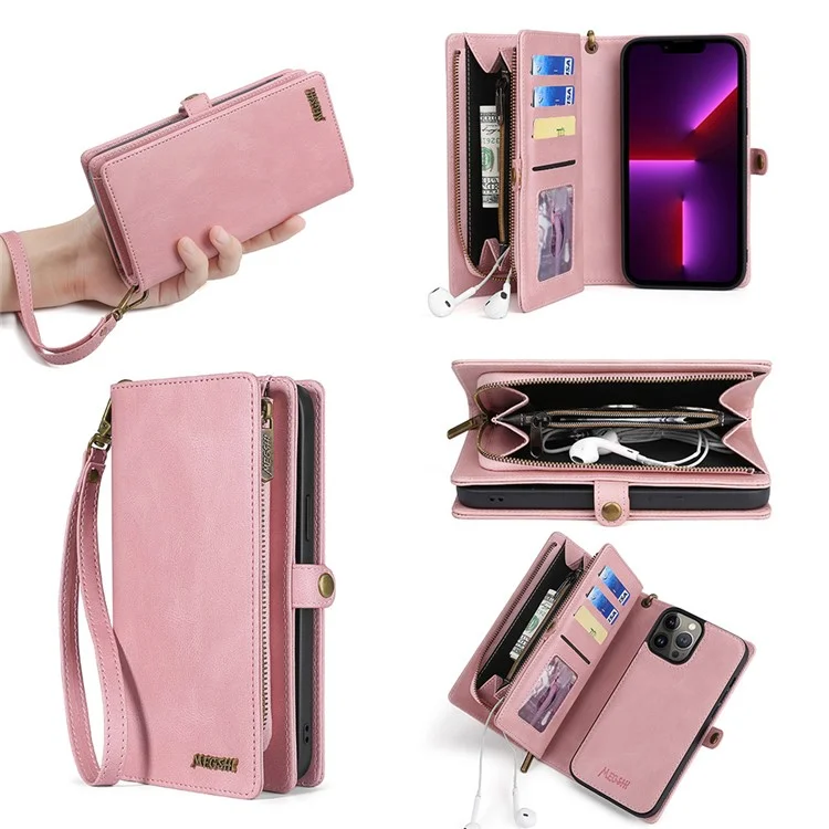 MEGSHI 017 Series For iPhone 15 Pro Max Zipper Pocket Wallet Leather Cover Magnetic Detachable Phone Case - Rose Gold