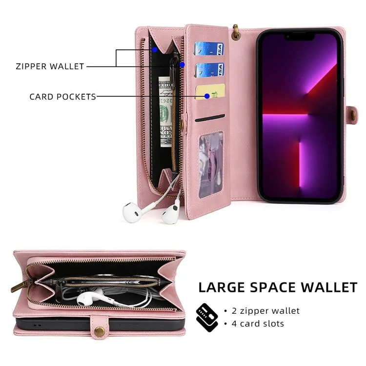 MEGSHI 017 Series For iPhone 15 Pro Max Zipper Pocket Wallet Leather Cover Magnetic Detachable Phone Case - Rose Gold
