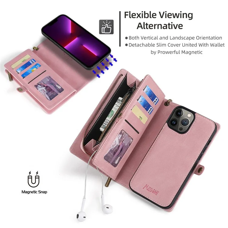 MEGSHI 017 Series For iPhone 15 Pro Max Zipper Pocket Wallet Leather Cover Magnetic Detachable Phone Case - Rose Gold