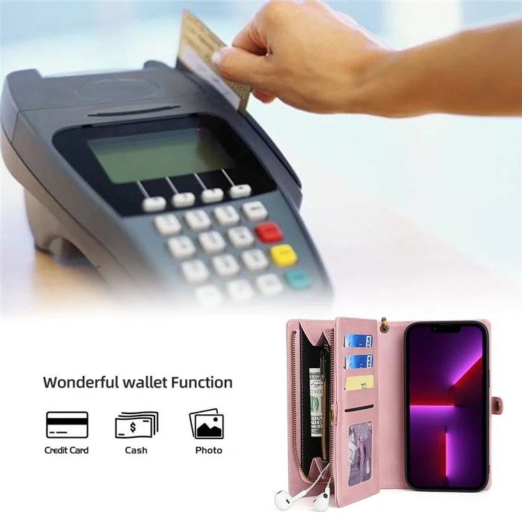 MEGSHI 017 Series For iPhone 15 Pro Max Zipper Pocket Wallet Leather Cover Magnetic Detachable Phone Case - Rose Gold