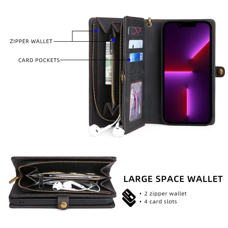 MEGSHI 017 Series For iPhone 15 Pro Max Zipper Pocket Wallet Leather Cover Magnetic Detachable Phone Case - Black
