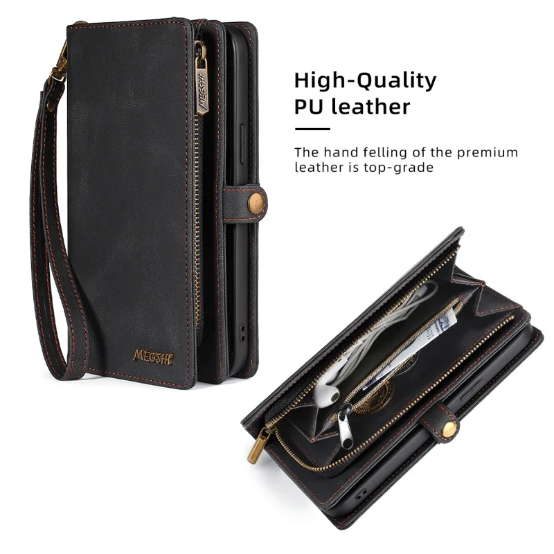MEGSHI 017 Series For iPhone 15 Pro Max Zipper Pocket Wallet Leather Cover Magnetic Detachable Phone Case - Black
