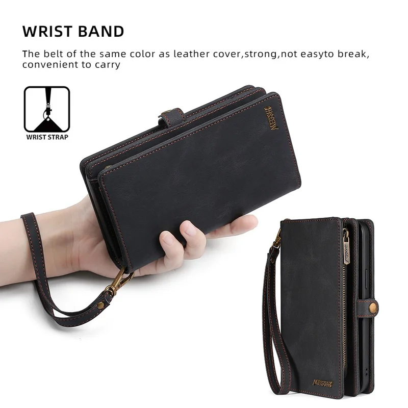 MEGSHI 017 Series For iPhone 15 Pro Max Zipper Pocket Wallet Leather Cover Magnetic Detachable Phone Case - Black