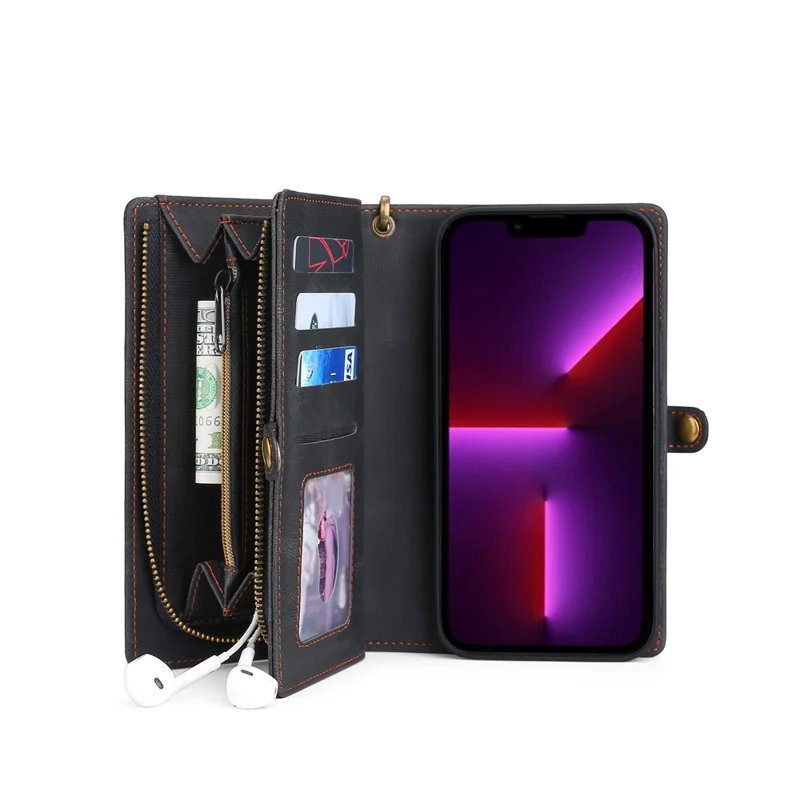 MEGSHI 017 Series For iPhone 15 Pro Max Zipper Pocket Wallet Leather Cover Magnetic Detachable Phone Case - Black