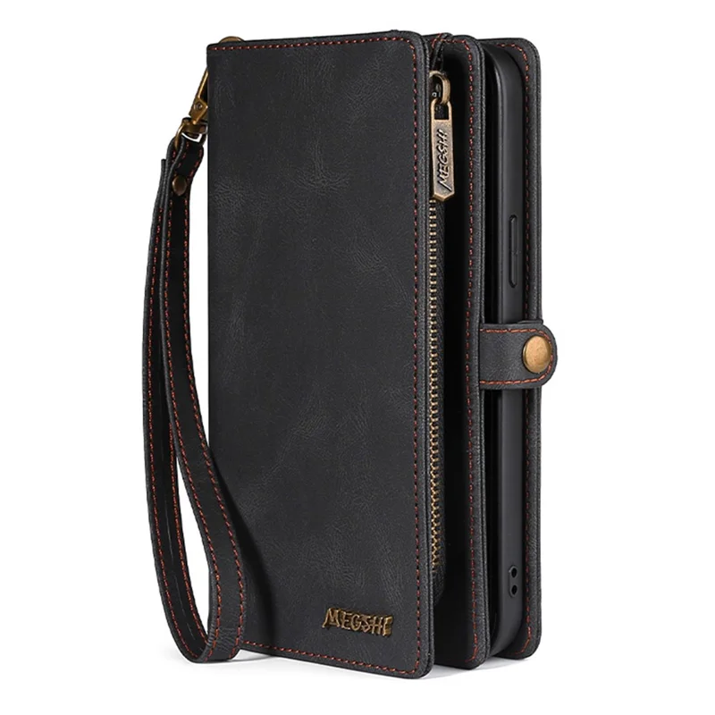 MEGSHI 017 Series For iPhone 15 Pro Max Zipper Pocket Wallet Leather Cover Magnetic Detachable Phone Case - Black