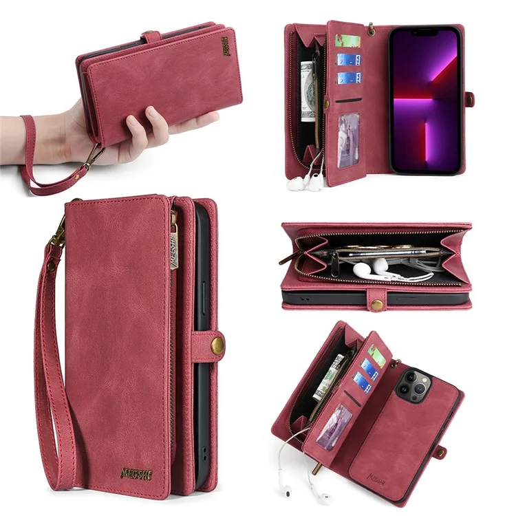 MEGSHI 017 Series For iPhone 15 Pro Max Zipper Pocket Wallet Leather Cover Magnetic Detachable Phone Case - Red