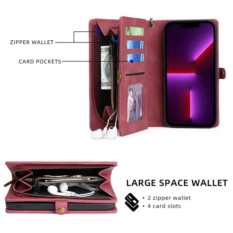 MEGSHI 017 Series For iPhone 15 Pro Max Zipper Pocket Wallet Leather Cover Magnetic Detachable Phone Case - Red