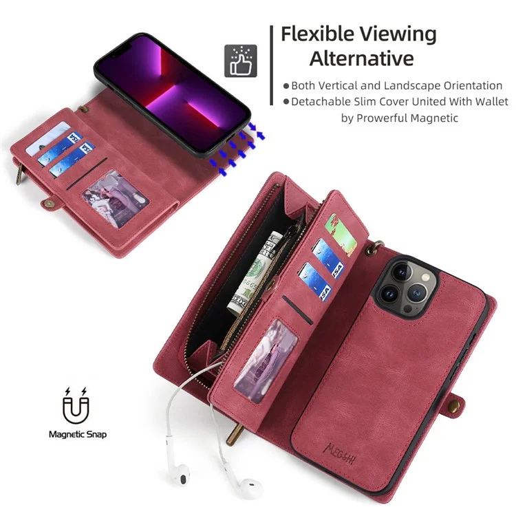MEGSHI 017 Series For iPhone 15 Pro Max Zipper Pocket Wallet Leather Cover Magnetic Detachable Phone Case - Red