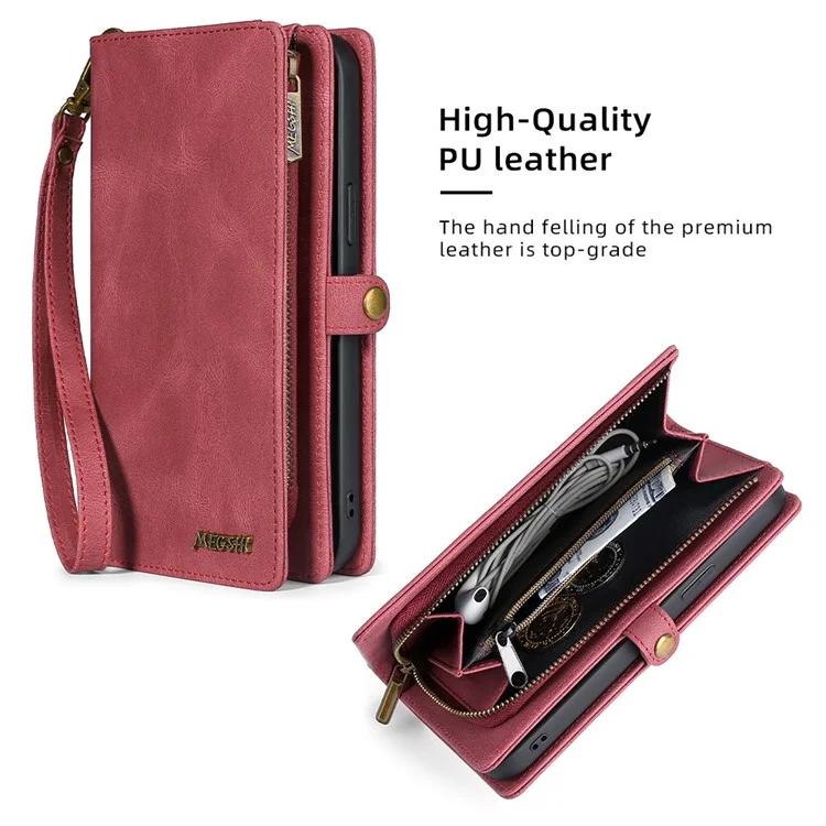 MEGSHI 017 Series For iPhone 15 Pro Max Zipper Pocket Wallet Leather Cover Magnetic Detachable Phone Case - Red