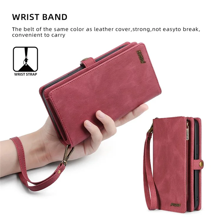 MEGSHI 017 Series For iPhone 15 Pro Max Zipper Pocket Wallet Leather Cover Magnetic Detachable Phone Case - Red