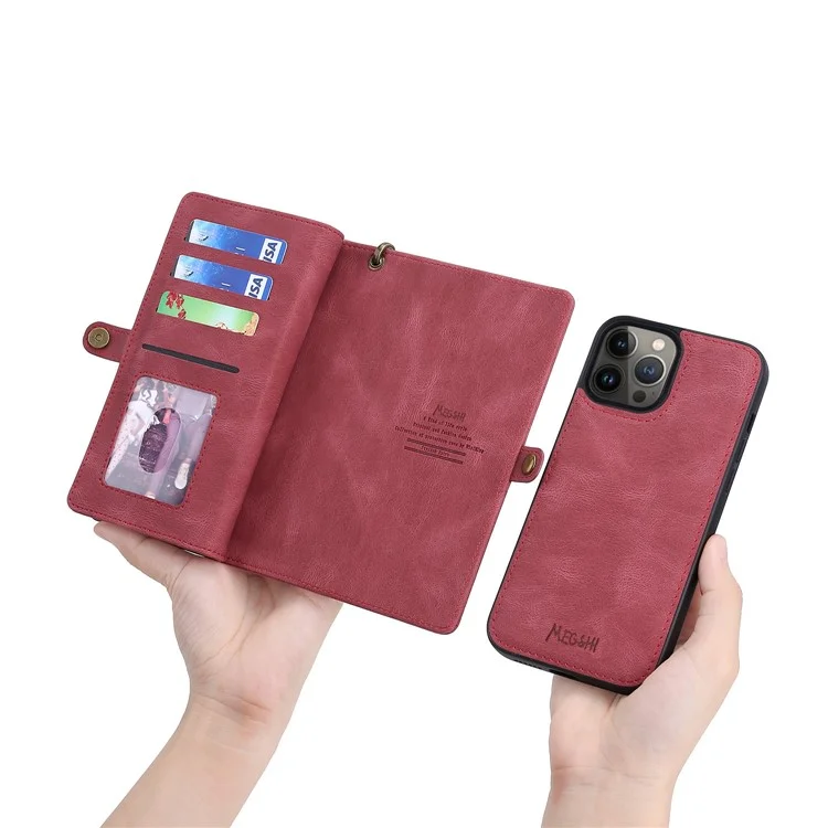 MEGSHI 017 Series For iPhone 15 Pro Max Zipper Pocket Wallet Leather Cover Magnetic Detachable Phone Case - Red