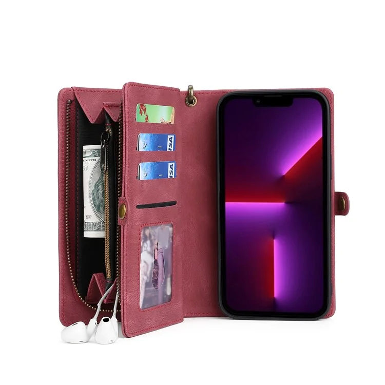 MEGSHI 017 Series For iPhone 15 Pro Max Zipper Pocket Wallet Leather Cover Magnetic Detachable Phone Case - Red